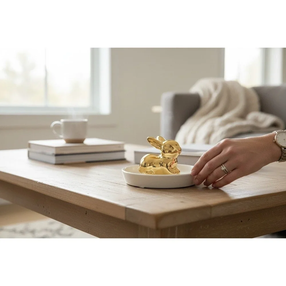 Sagebrook Home Bunny Trinket Dish Set of 2 Gold White NWT Ceramic Rabbit
